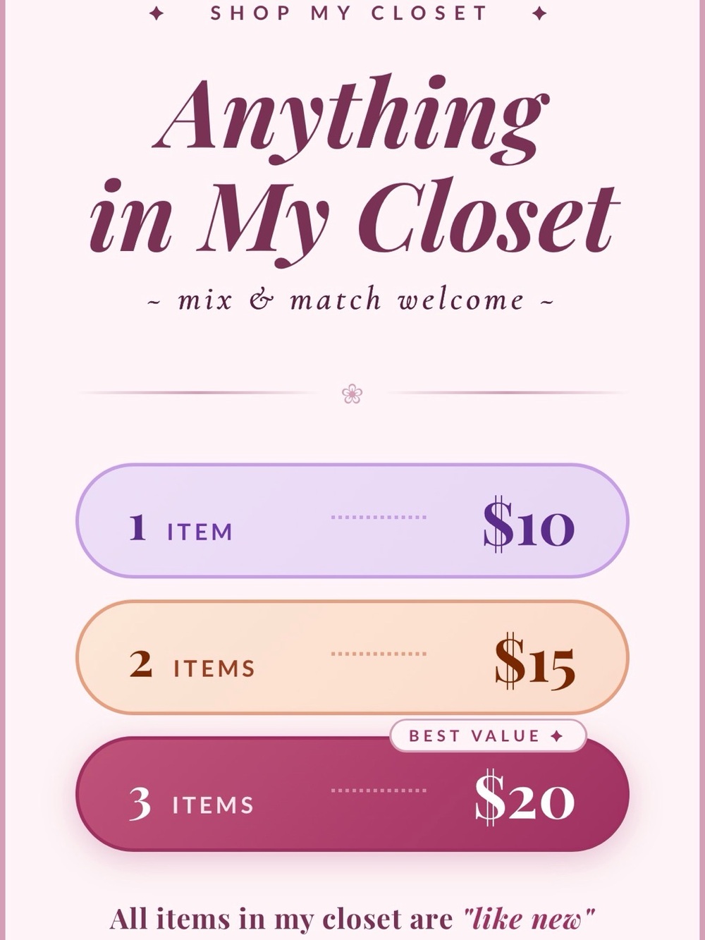 Bundle and make an offer: 1 for $10, 2 for $15, 3 for $20 and I'll accept it!